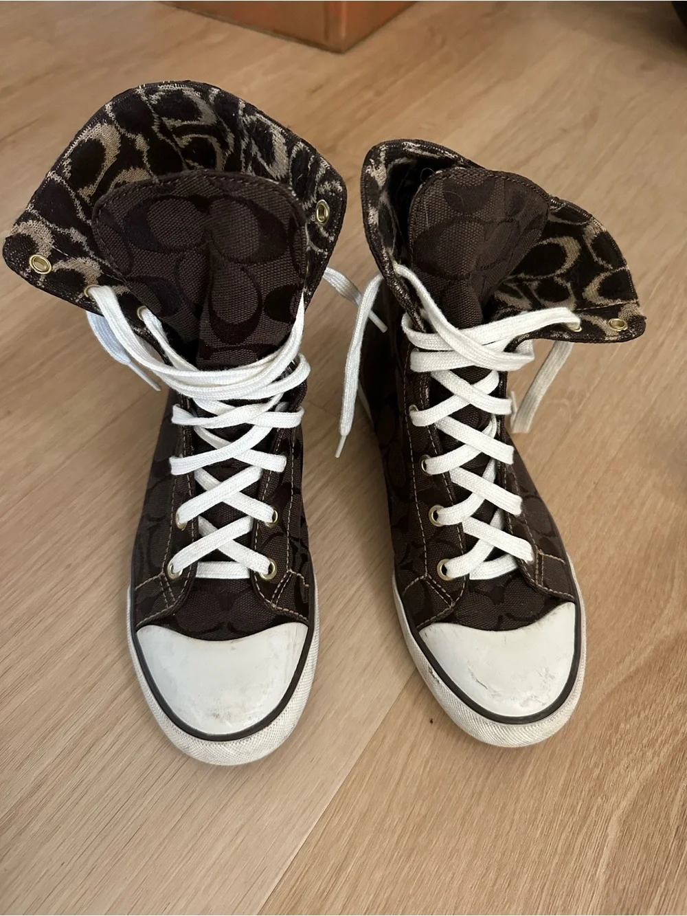 Coach Brown Signature High-Top Sneakers with White Laces